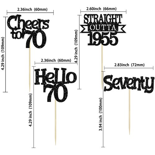 Ephlyn 24Pcs Happy 70th Birthday Cupcake Toppers Glitter Straight Outta 1955 Cupcake Picks Hello 70 Cheers to 70 Years Birthday Cake Decorations for 70th Birthday Anniversary Party Supplies Black