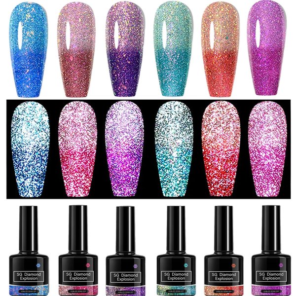 Glow in the Dark Glitter Gel Nail Polish Bulk, 6Pcs Nail Polish Color Set for Girls, Long Lasting Color Changing Nail Polish Kit, Thermal Diamond Shimmer Nail Polish, Nail Polish Gift Set for Women