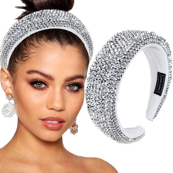 Bouory Sparkly Rhinestone Headbands Padded Wide Hairband Bling Crystal Head Bands for Women and Girls 1PCS Silver
