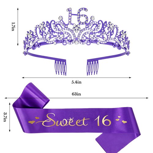 Semato Sweet 16 Party Decorations Set - Purple 16th Birthday Crown and Sweet 16 Sash Glitter Kit for Girls Birthday Happy Birthday Girl Tiara Birthday Party Supplies and Favors