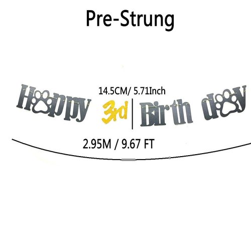 SPRICEMQC Happy 3rd Birthday Dog Paw Party Banner Banner Sign Backdrop - Shining Black Pet Party Decorations for 3rd Birthdays Dog theme Birthday Decoration Single-sided Pre-Strung