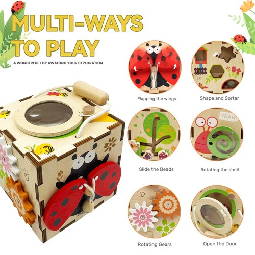 YODIFFMI Wooden Activity Cube Montessori Toys for 3 Year Old Baby Toys Toddlers Birthday Gift Boys Girls Sensory Interactive Learning Toys (Ladybugs)