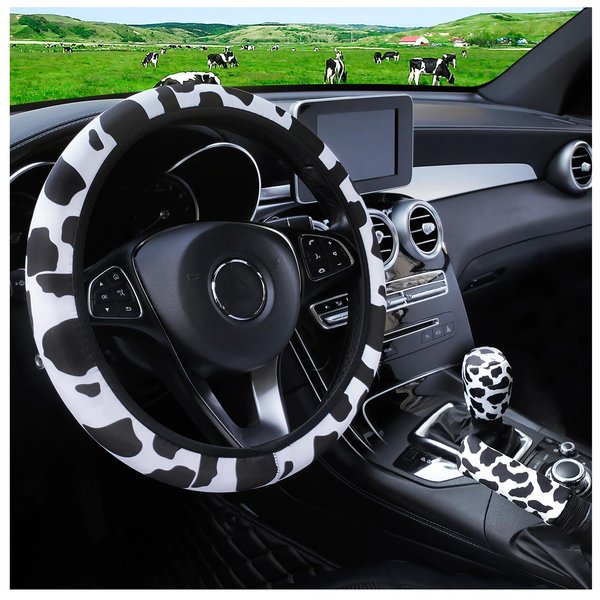 SuperKaKa 3PCS Cow Print Steering Wheel Cover,Auto Cute Anti-Slip Breathable Cow-Pattern Shift Gear & Hand Brake Covers Universal Car Interior Accessories for Women Men (Black)