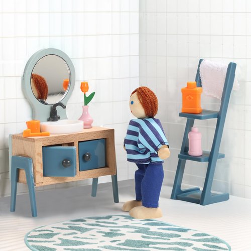 Giant bean Wooden and Plastic Dollhouse Furniture Set, Bathroom and Bedroom Set, 24 PCS Dollhouse Accessories Pretend Play Furniture Toys for Boys Girls & Toddlers