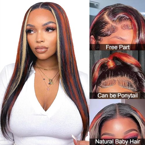 Ginger Blonde Highlight Lace Front Wigs Human Hair Skunk Stripe 13x4 Lace Frontal Wig Straight Black Ginger and Blonde Ombre Colored Wigs Glueluess Human Hair 22 Inch 180% Density Pre Plucked