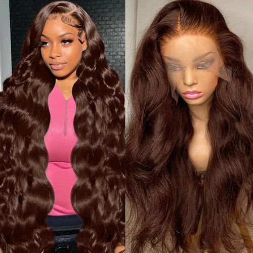 13x6 Chocolate Brown Lace Front Wig Human Hair HD Transparent Body Wave Lace Front Wigs Human Hair Pre Plucked Glueless Frontal Brown Wig Human Hair 180% Density #4. (13X6 Chocolate Brown Wig, 28inch)