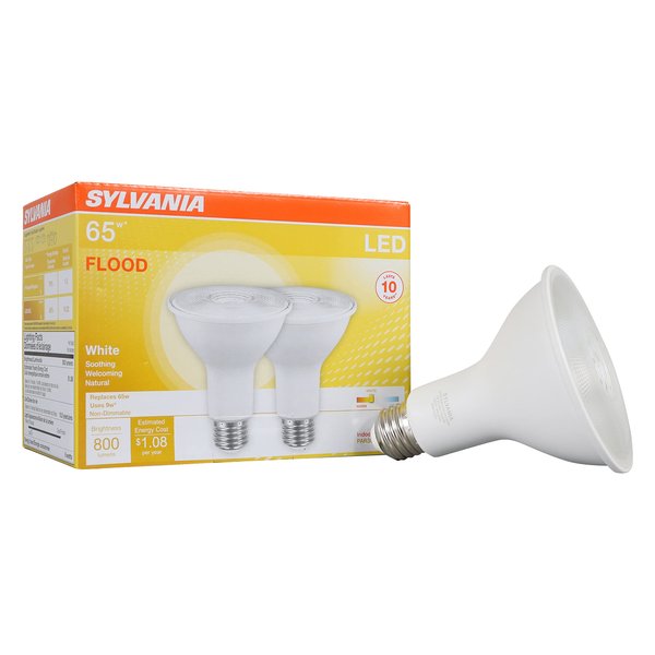 SYLVANIA LED PAR30 Flood Light Bulb, 65W = 9W, 10 Year, Non-Dimmable, 800 Lumens, 3000K, Warm White – 2 Pack (79280)