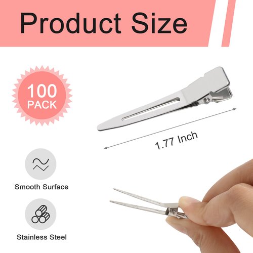 SBYURE 100 Pack 1.77 Inches Single Prong Pin Curl Duckbill Clips,Silver Setting Section Hair Clips Metal Alligator Clips for Hair Extensions