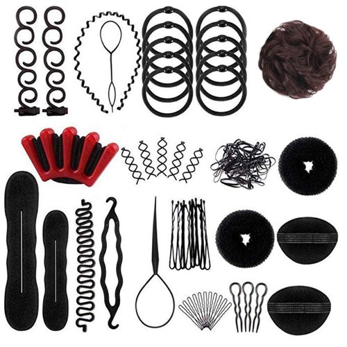 Moor 73 pcs Hair Braiding Tool with Brown Hair Wig Bun, Hair Styling Tools Accessories Hair Magic Bun Maker Hair Bun Donut Hair Bobby Pins and Elastic Bands Kit for Women Kids