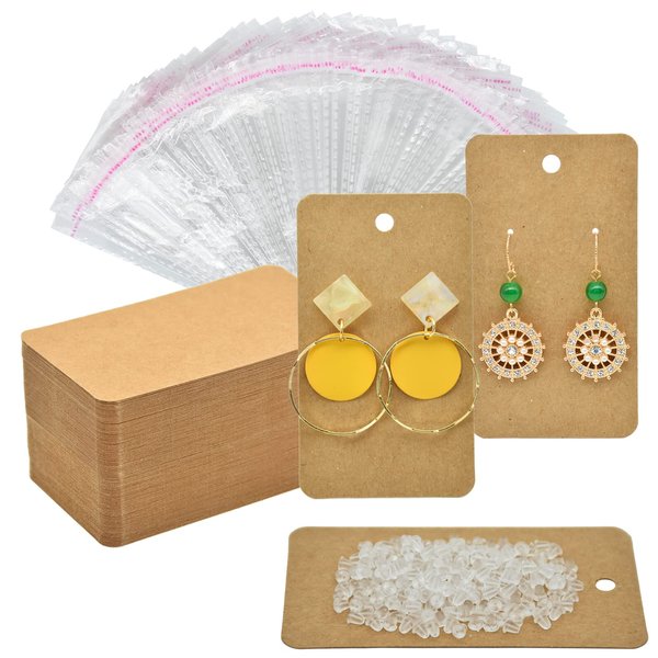 Twavang Earring Card Holder Set, 100Pcs Kraft Paper Earring Display Cards, 100 Pairs Clear Earring Backs with 100Pcs Self Adhesive Bags for Earrings Jewelry Display (Brown, 3.5" x 2")
