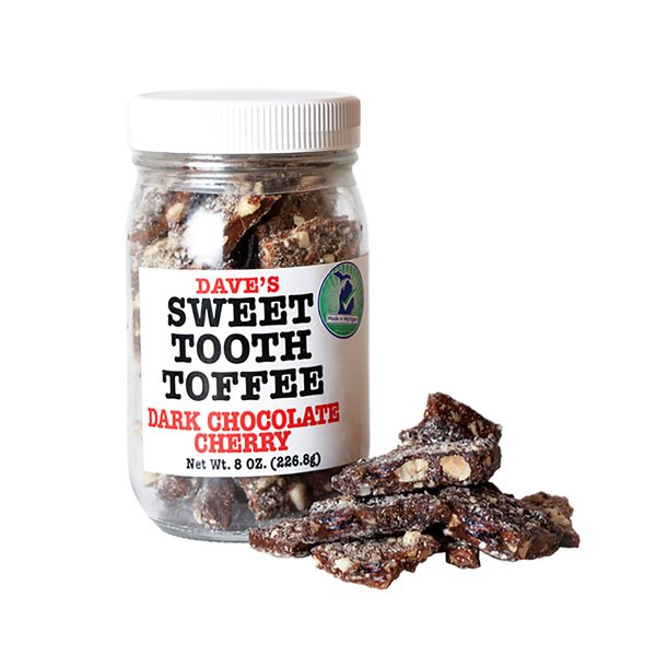 Dave's Sweet Tooth Toffee, Dark Chocolate Cherry Flavor with Real Butter, Real Sugar, and Hand-sliced Almonds, Handmade, Homemade, Naturally Gluten-Free, 8.0 oz Resealable Jar