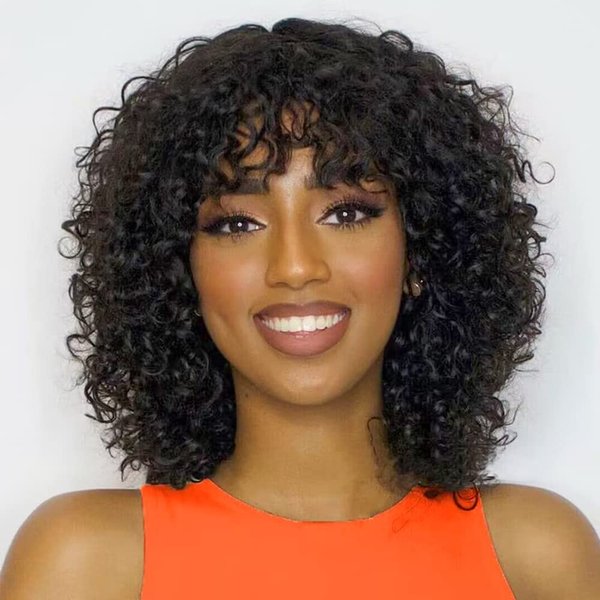 Short Bob Curly Human Hair Wigs with Bangs Wear and Go Glueless None Lace Front Human Hair Wigs for Black Women 180% Density Brazilian Unprocessed Virgin Kinky Curly Fringe Bang Wig Human Hair 14 inch