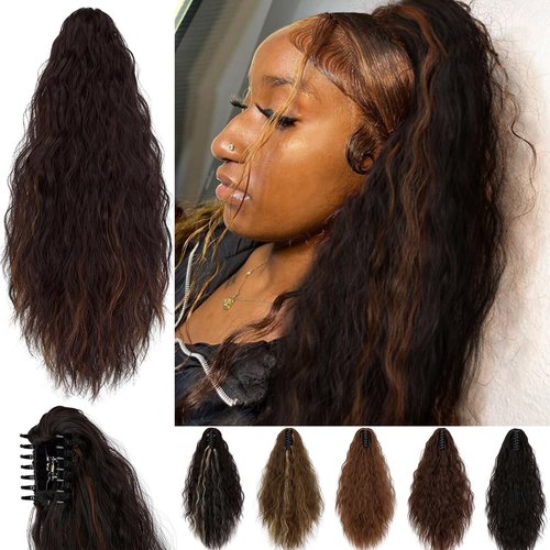 Yekartary Claw Clip Ponytail Extension for Women 18 Inch Long Wavy Multi Layered Hairpiece Fluffy Synthetic Hair Medium Brown