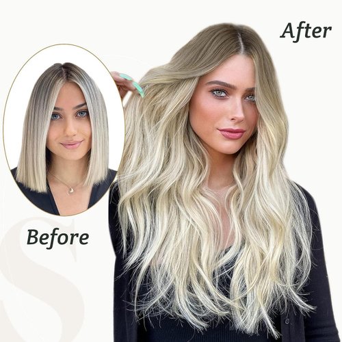 Slinsmei Remy Balayage Clip in Hair Extensions Dark Brown Color #8 Fading to Color #60 Platinum Blonde Balayage Human Hair Extensions Clip in Real Hair 7pcs 120g 18 Inch