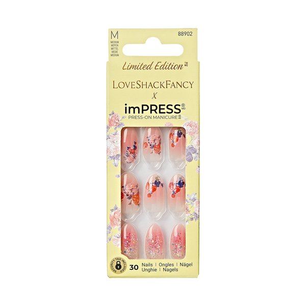 KISS LoveShackFancy x imPRESS Press-On Manicure Limited Edition, Style "Citrus Candy" Medium Almond Pink Press-On Nails, Includes Prep Pad, Mini Nail File, Cuticle Stick, & 30 Fake Nails