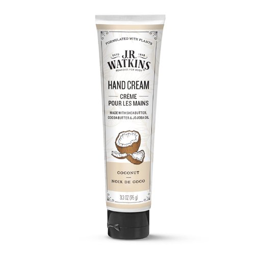 J.R. Watkins Natural Moisturizing Hand Cream, Coconut, Hydrating Hand Moisturizer with Shea Butter, Cocoa Butter, and Avocado Oil, USA Made and Cruelty Free, 3.3oz