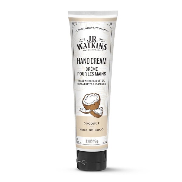 J.R. Watkins Natural Moisturizing Hand Cream, Coconut, Hydrating Hand Moisturizer with Shea Butter, Cocoa Butter, and Avocado Oil, USA Made and Cruelty Free, 3.3oz