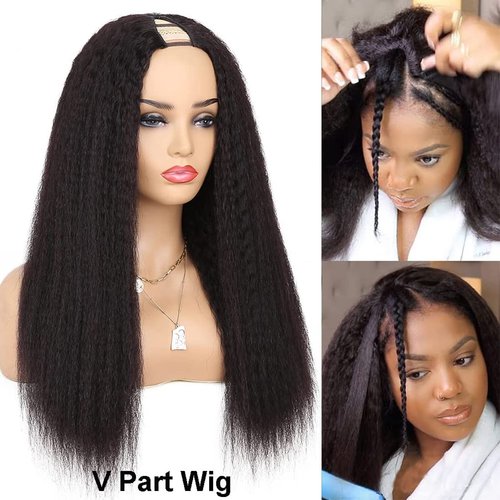 DMS V Part Wig Human Hair Wigs for Black Women Kinky Straight V Part Wig 12A Virgin Hair No Lace Upgrade U Part Human Hair Wigs Full Head Clip in Half Wig V Shape Wigs (16inch)