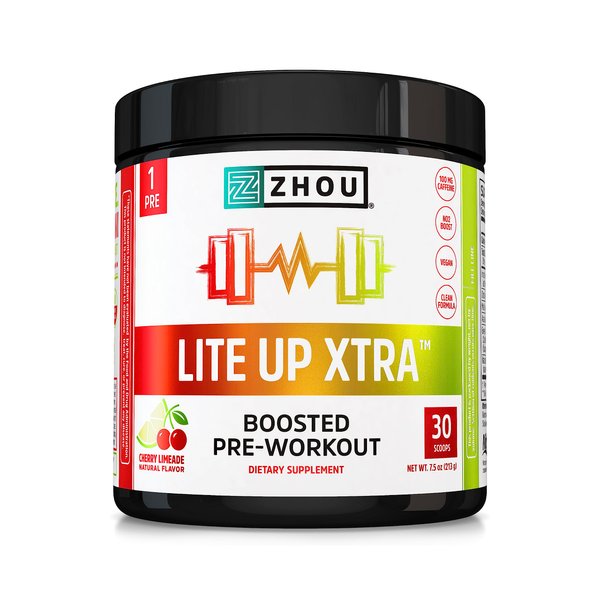 Zhou Nutrition Lite Up Xtra, Vegan Pre Workout Powder with Caffeine, Clean Energy Sourced from Green Tea, Nitric Oxide Booster, Gluten and Sugar Free, Non GMO, Cherry Limeade, 7.5 Oz
