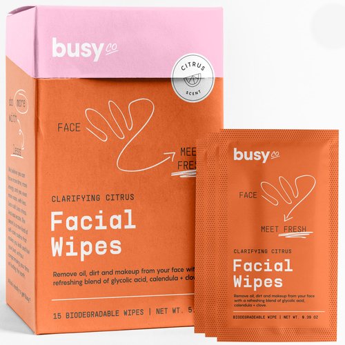 Refresh Line Facial Wipes - Clarifying Cleaning Wipes, Fresh Citrus Moist Towelettes Individually Wrapped - Natural Wipes & Face Wash Cloth for Facial Cleansing w AHA/BHA, Clover & Calendula, 15ct