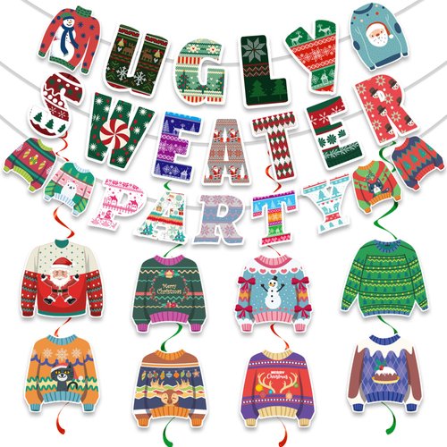 Christmas Ugly Sweater Party Decorations - Include Hanging Banner Hanging Swirl Ugly Sweater Christmas Party Supplies for Christmas Holiday Xmas Tacky Sweater Party