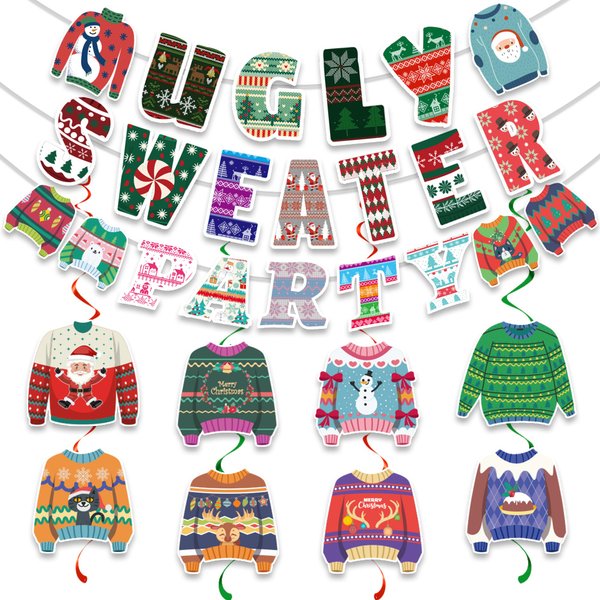 Christmas Ugly Sweater Party Decorations - Include Hanging Banner Hanging Swirl Ugly Sweater Christmas Party Supplies for Christmas Holiday Xmas Tacky Sweater Party