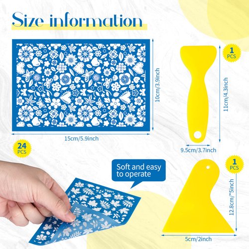 24 Pieces Silk Screen Stencils for Polymer Clay Cutter Tools Reusable Silkscreen Print Kit DIY Craft Earring Jewelry Making Supplies Screen Stencils Reusable with 2 Squeegees, 3.9 x 6''