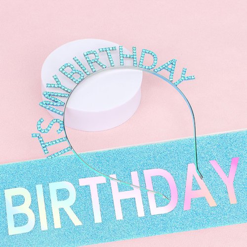 BAHABY Birthday Crowns for Women, It's My Birthday Sash & Birthday Headband Set Princess Birthday Sash and Tiara Birthday Gifts for Women Girls Sweet Happy Birthday Accessories for Party- Blue