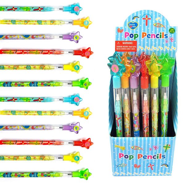 Tiny Mills 24 Pcs Christian Religious Multi Point Pencils Jesus Loves You Multi Point Stackable Pencil with Eraser for Sunday School Party Favor Prize Carnival Rewards Religious Prizes