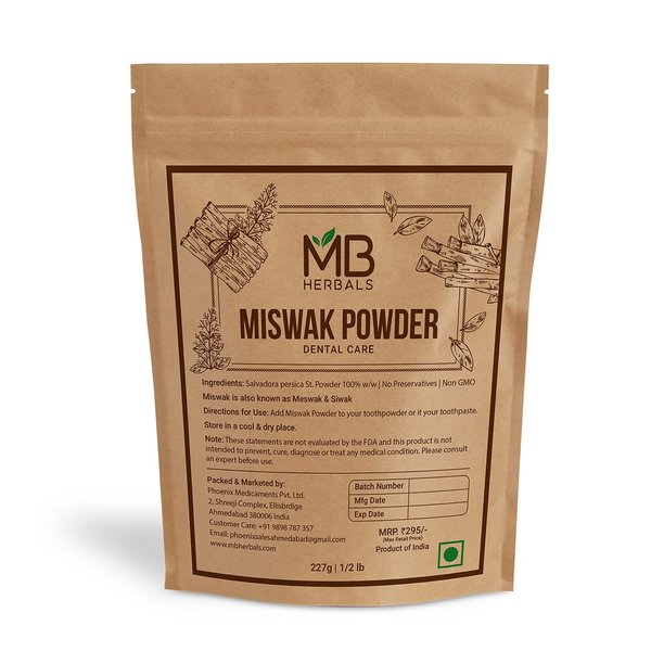 MB Herbals Miswak Powder 227 Gram (8 oz) | 100% Pure Siwak Powder | salvarado persica | Dental Care | Natural Tooth Powder | Miswak Toothpowder