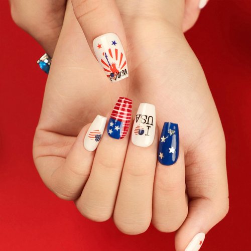 Mkwntg Independence Day Press on Nails Medium Square Fake Nails Glossy Red Blue American Flag Glue on Nails 4th of July Patriotic False Nails with Star Heart Design Acrylic Nails for Women Girls 24Pcs