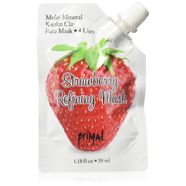 Primal Elements Face Mask, Clay Mud Facial Treatment, Reduce Pores & Treat Blackheads, Multi-Use Package, 1.18 oz - Strawberry Refining