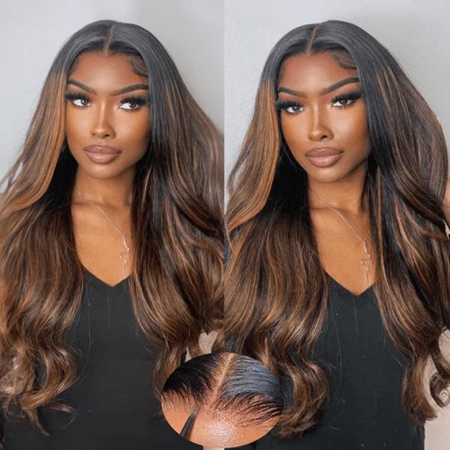 KLAIYI Bye Bye Knots Glueless Wig Ombre Brown Body Wave Pre Cut 7x5 Lace Front Wigs Human Hair Pre Plucked Pre Bleached Pre Everything Wear and Go Wig 12A Highlight Balayage 30S Ready To Go Wig 20Inch