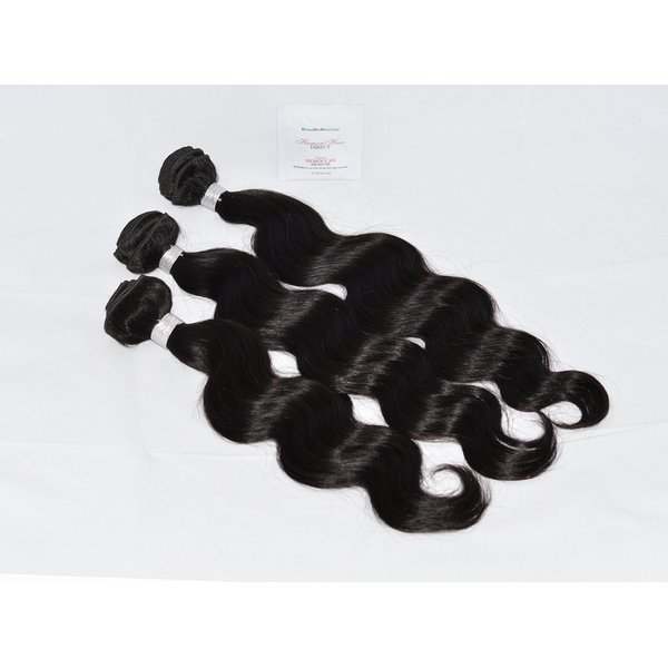 Human Hair Direct™ 100% Virgin Brazilian Human Hair Extensions BODY WAVE 3-Pack (16", 18", 20") Bundle, 300g Total (100g each), Grade 6A (#1B - Off Black (Pre-Colored)) With Argan Oil
