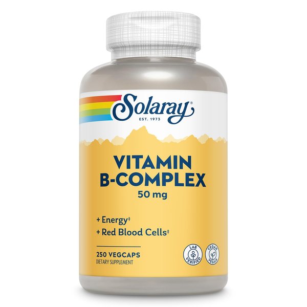 SOLARAY Vitamin B Complex 50mg - Healthy Energy Supplement - Red Blood Cell Formation, Nerve and Immune Support - Super B Complex Vitamins w/Folic Acid, Vitamin B12, B6 and More, Vegan, 250 VegCaps