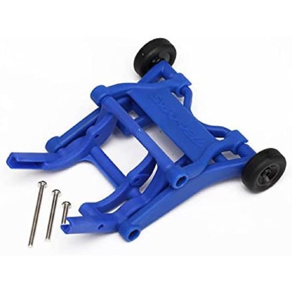 Blue assembled wheelie bar features four adjustment positions to lower the height of the wheels