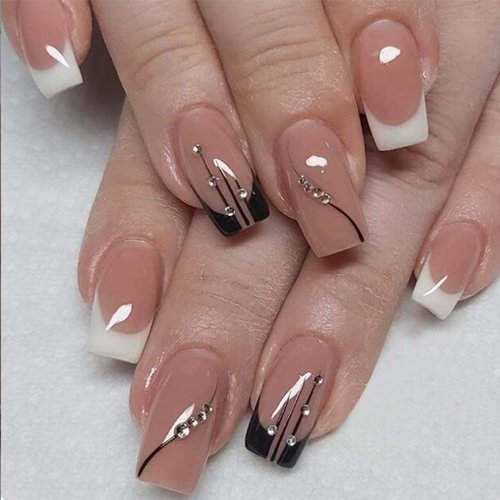 Foccna Square Press on Nails Rhinestone Black Fake Nails Tips Women's French False White Medium Glossy Daily Wear Artificail Nails for Nail Art Manicure Decoration 24pcs