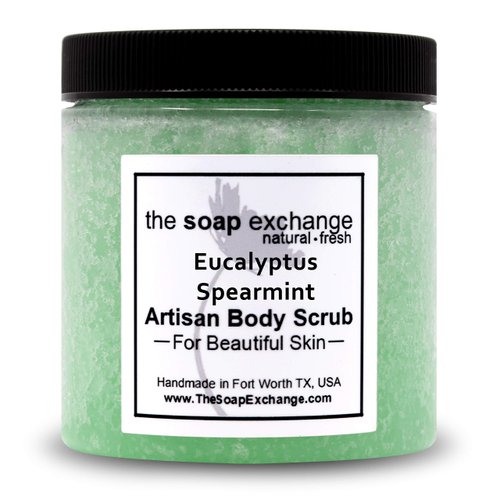 The Soap Exchange Sugar Body Scrub - Eucalyptus & Spearmint Scent - Hand Crafted 8 fl oz / 240 ml Natural Artisan Skin Care, Shea Butter, Exfoliate, Moisturize, & Protect. Made in the USA.