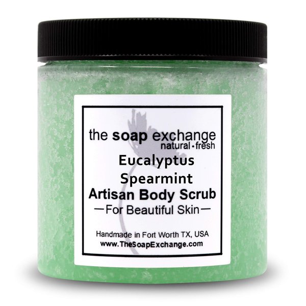 The Soap Exchange Sugar Body Scrub - Eucalyptus & Spearmint Scent - Hand Crafted 8 fl oz / 240 ml Natural Artisan Skin Care, Shea Butter, Exfoliate, Moisturize, & Protect. Made in the USA.