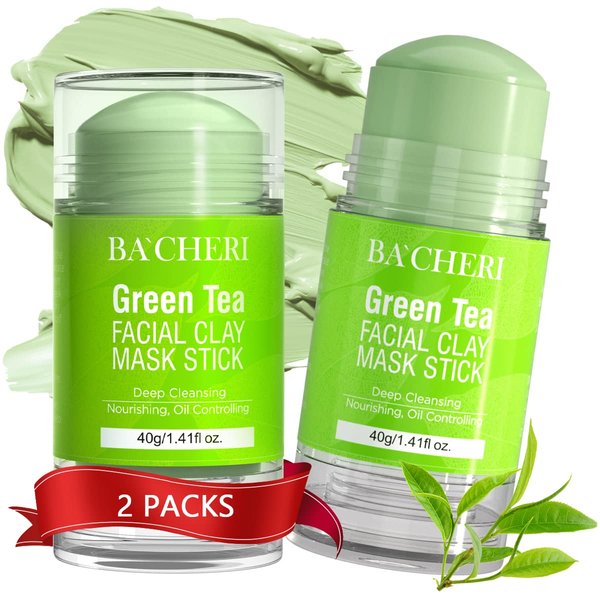 BACHERI 2 Pcs Green Tea Mask Stick, Blackhead Remover Mask with Green Tea Extract, Green Mask Stick for Deep Pore Cleansing, Moisturizing, Oil Controlling