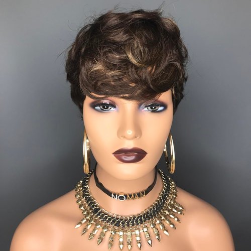 HOTKIS Pixie Cut Wig Human Hair Natural Wavy Short Wigs Human Hair with Layered Cut Pixie Wig Short Human Hair Wigs for Black Women Highlight Brown Pixie Wigs F4/27#
