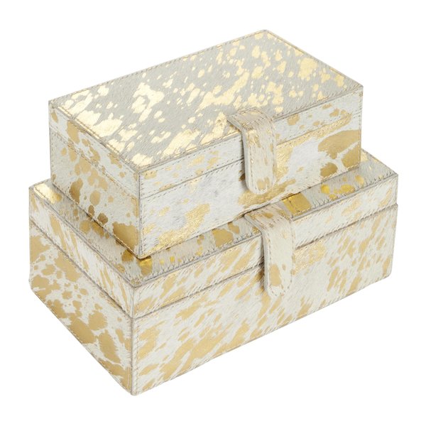 Deco 79 Leather Handmade Decorative Box Decorative Keepsake Boxes with Gold Foil Paint, Set of 2 Storage Boxes 8", 10"W, Gold