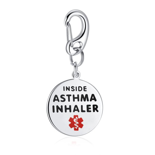 Divoti 1.25" Double-Sided Asthma Inhaler Inside Bag Tag -Quick Clip- Entirely Surgical Stainless Steel w/Hard Enamel