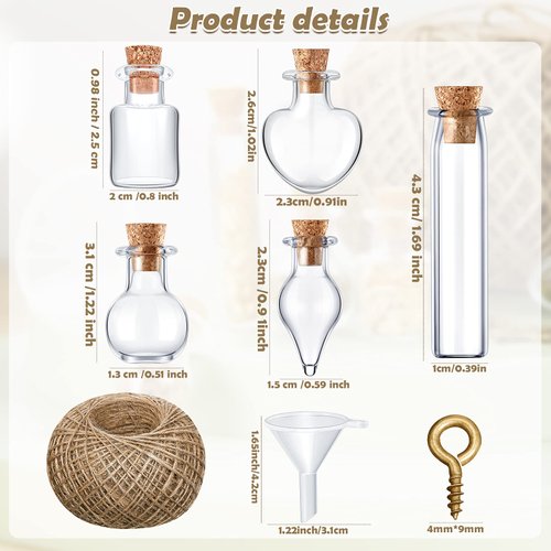 Geiserailie 50 Pieces Small Tiny Glass Spell Jars Bottle with Cork Stopper Mini Wishing Bottles with Eye Screws Funnel and Rope Cork Clear Glass Bottle for DIY Crafts Bead