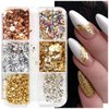 6 Grids Metallic Nail Art Foil Flakes,Gold Nail Glitter Flakes Holographic Nail Glitter Sequins 3D Sparkly Aluminum Foil Flake Gold Silver Nail Foil Glitter Flakes Nail Art Supplies for Women Girls