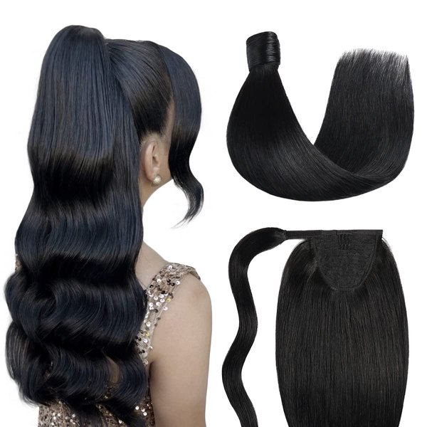 SUYYA Ponytail Extension Human Hair Wrap Around Clip in Hair Piece Ponytail Human Hair Straight Human Hair Ponytail with Magic Paste 80G 18 Inch #1 Jet Black