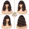 BEAUTIFA Brown Mix Blonde Wig with Bangs for Women 14 Inch Shoulder Length Short Bob Wavy Curly Wig Brown Mix Blonde Wig Heat Resistant Synthetic Wigs