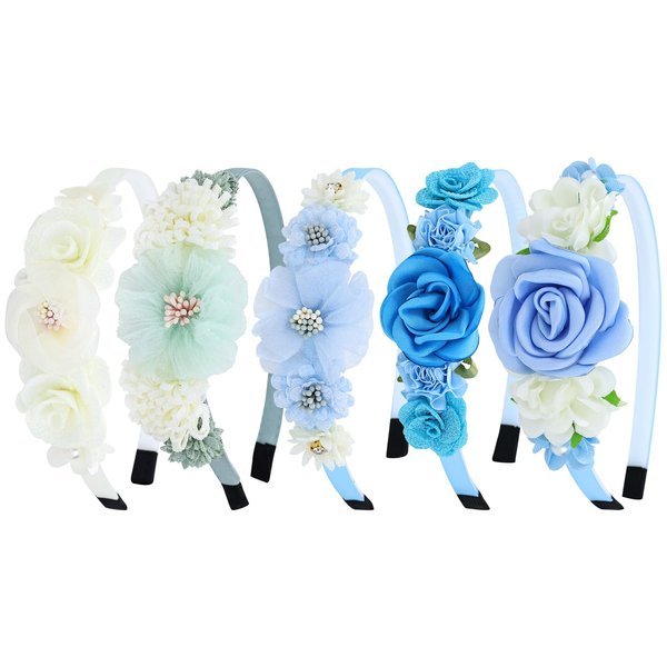 Dizila 5 Pieces Ivory Blue Plastic Flower Headbands Floral Hair Bands Hoops Accessories for Baby Girls Toddlers Kids Teens