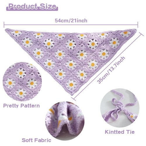 Kunyeah 2 Pieces Crochet Hair Bandana Floral Hair Scarf Boho Head Kerchief Vintage Headbands Triangle Hair Tie Handmade Hair Accessories for Girls Women (Purple/Green)