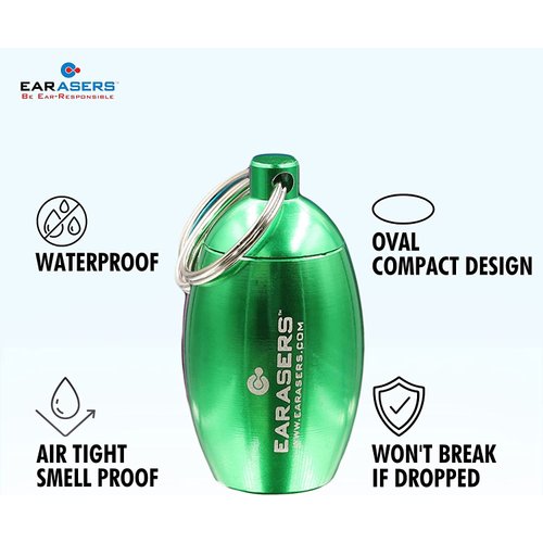 EARasers Earplugs Keychain Carrying Case - Aluminum Waterproof Ear Plugs and Pills Holder (Green)